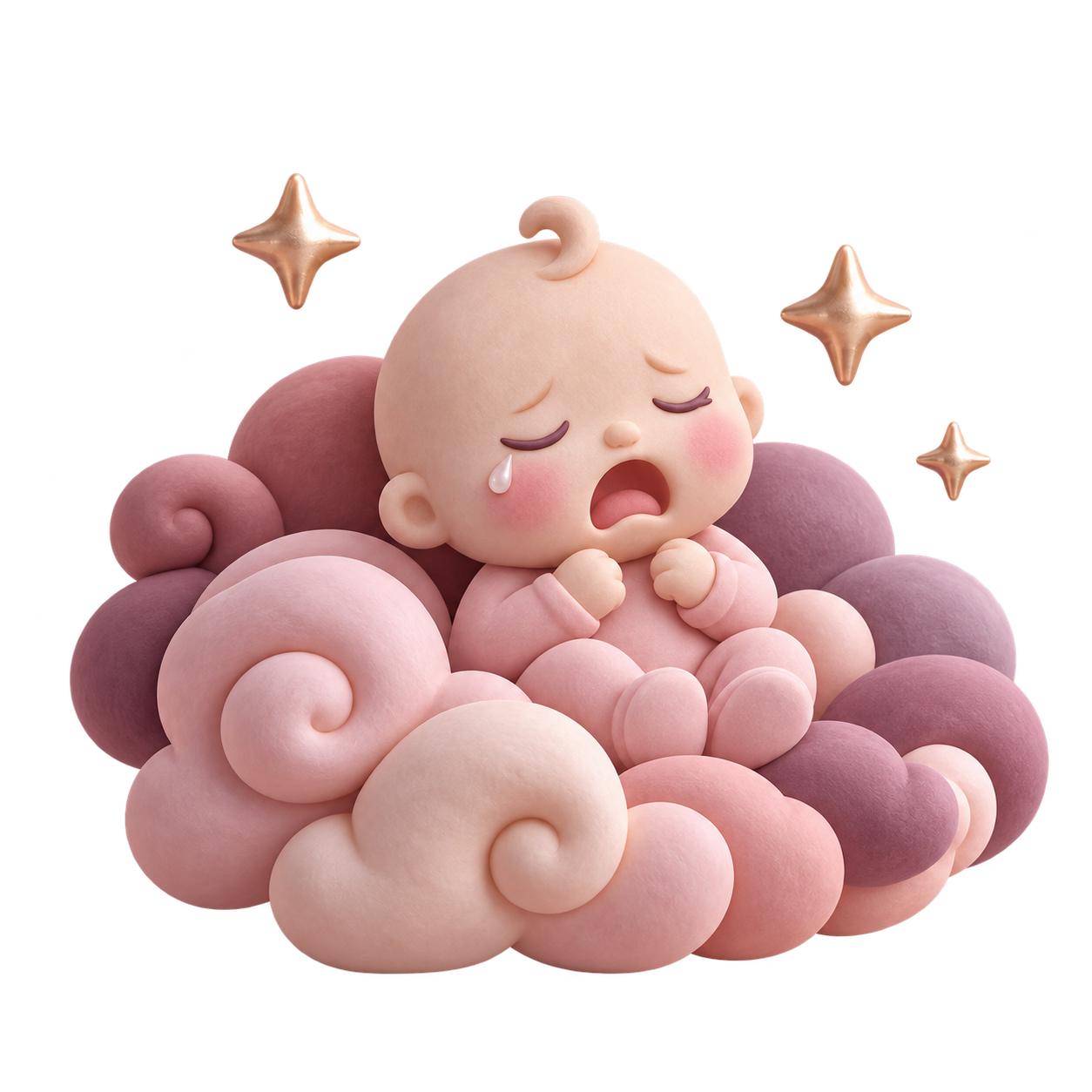 Weinendes Baby als rosafarbene 3D-Figur zwischen weichen Wolken und Sternen